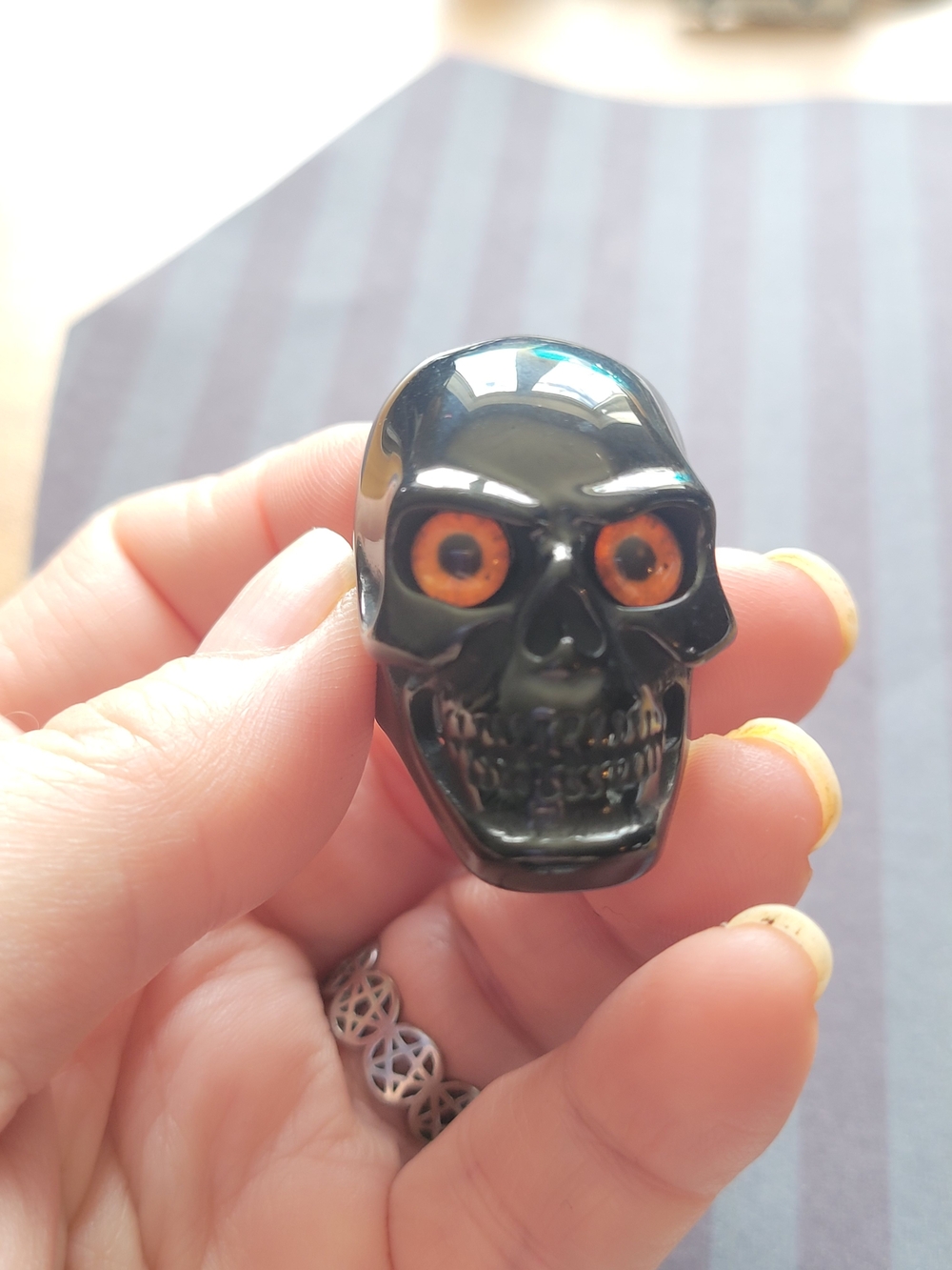💀NEW💀 Stainless Steel Glossy Black Skull Ring with Orange Eyes
